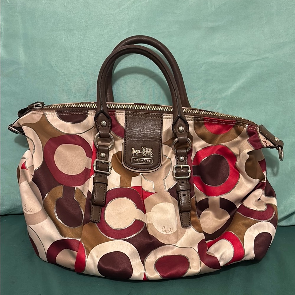 Coach Red and Brown Satchel with Geometric Design